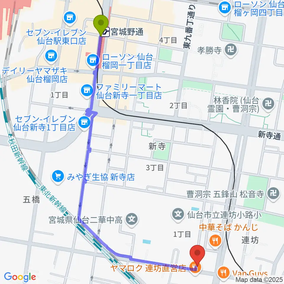 宮城野通駅からハタケヤマ楽器へのルートマップ地図