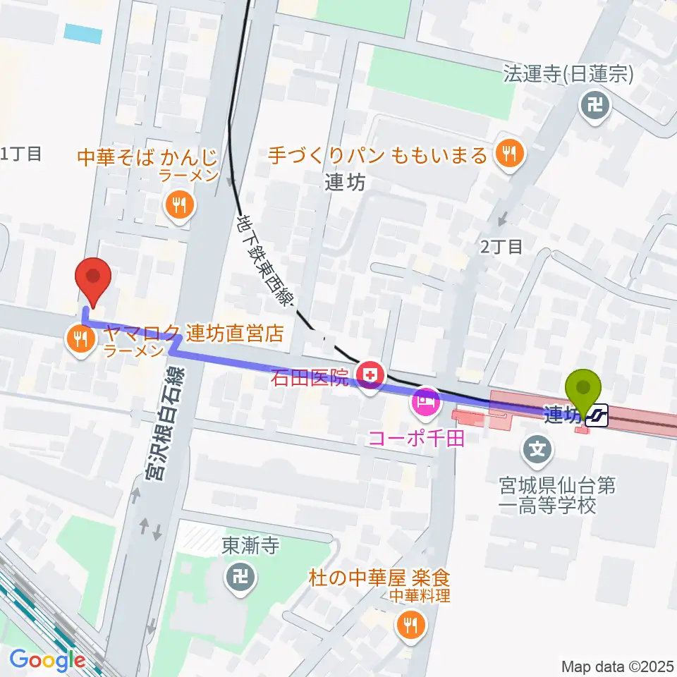 ハタケヤマ楽器の最寄駅連坊駅からの徒歩ルート（約6分）地図