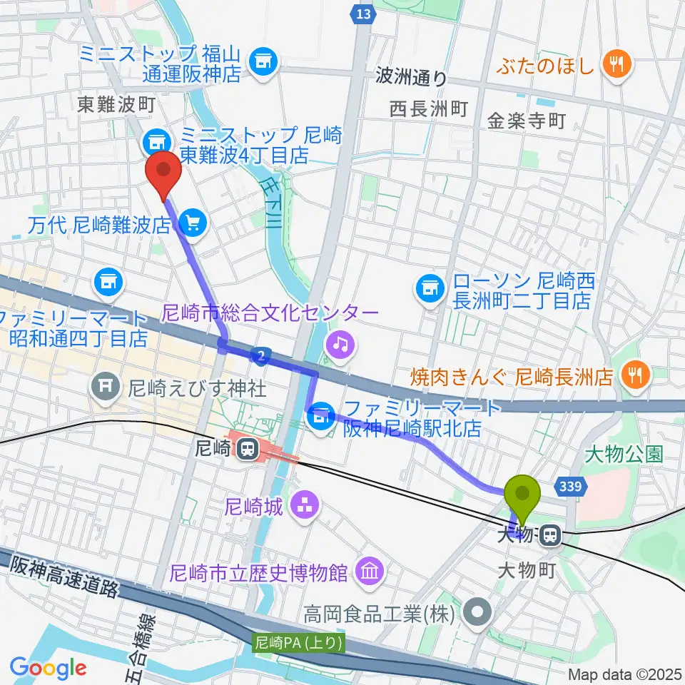 大物駅から尼崎JAMMER（ジャマー）へのルートマップ地図