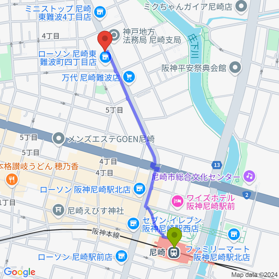 尼崎JAMMER（ジャマー）の最寄駅尼崎駅からの徒歩ルート（約12分）地図