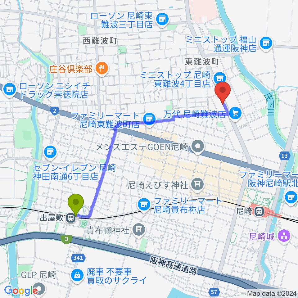 出屋敷駅から尼崎JAMMER（ジャマー）へのルートマップ地図