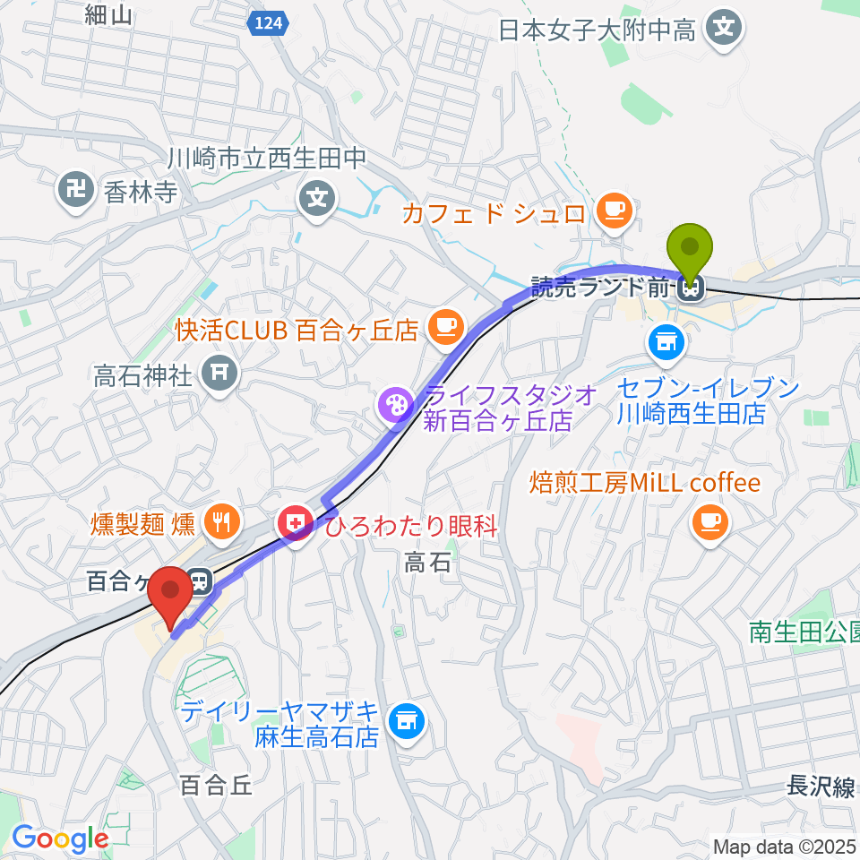 読売ランド前駅からムーザ ユリガオカへのルートマップ地図