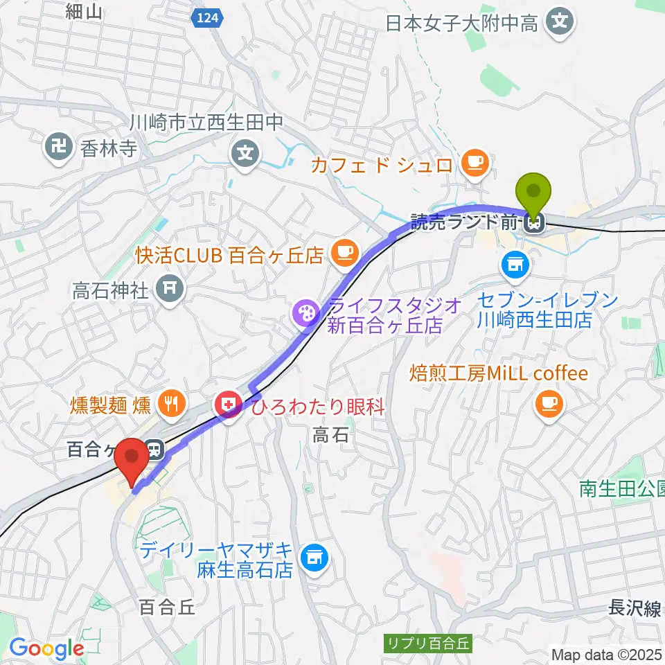 読売ランド前駅からムーザ ユリガオカへのルートマップ地図