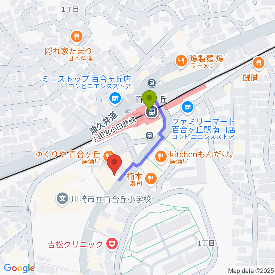 ムーザ ユリガオカの最寄駅百合ヶ丘駅からの徒歩ルート（約2分）地図