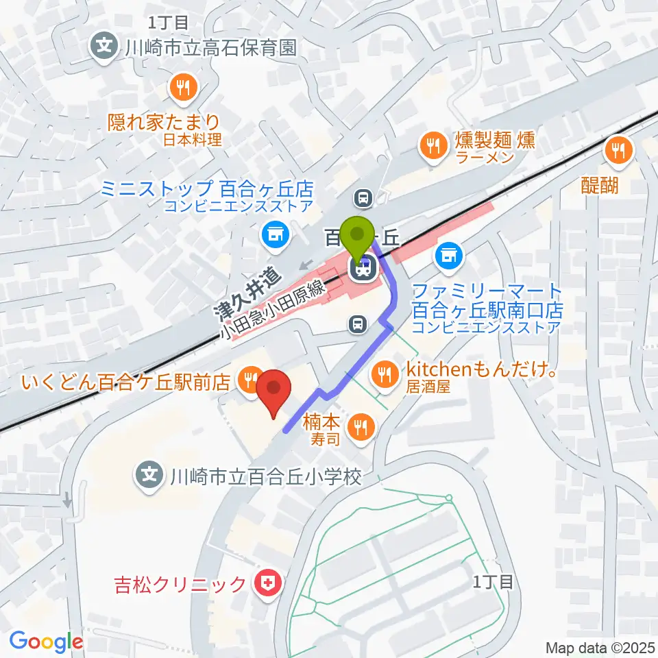 ムーザ ユリガオカの最寄駅百合ヶ丘駅からの徒歩ルート（約2分）地図