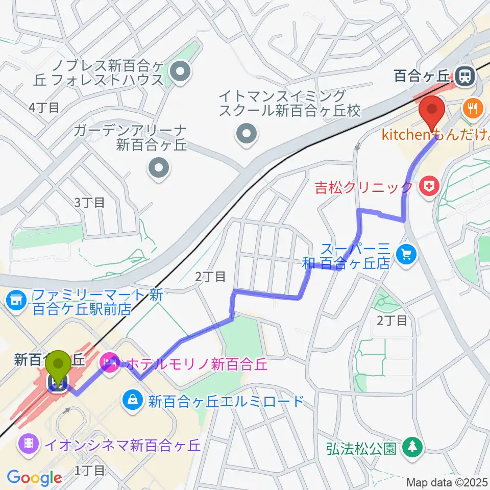 新百合ヶ丘駅からムーザ ユリガオカへのルートマップ地図