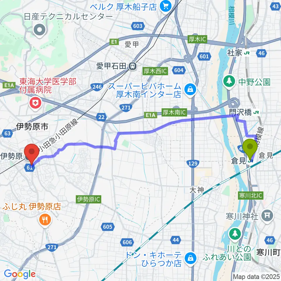 倉見駅から厚木楽器 アミ伊勢原へのルートマップ地図