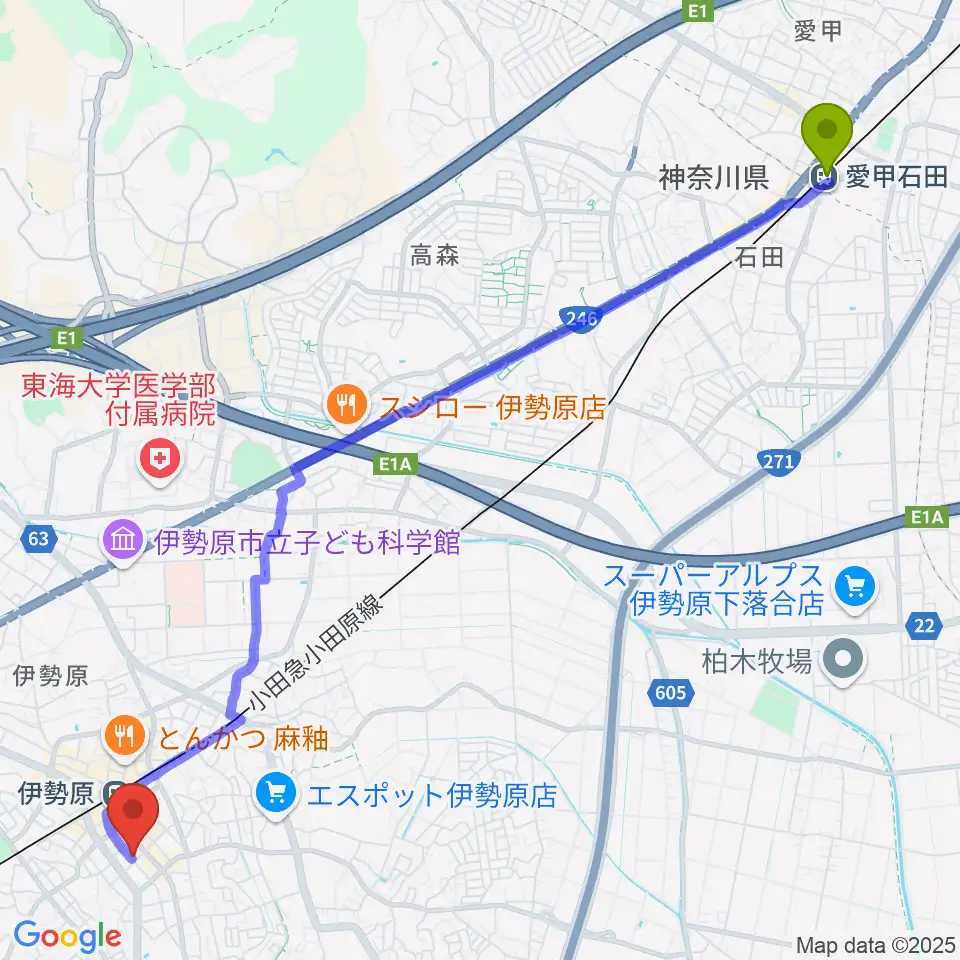 愛甲石田駅から厚木楽器 アミ伊勢原へのルートマップ地図