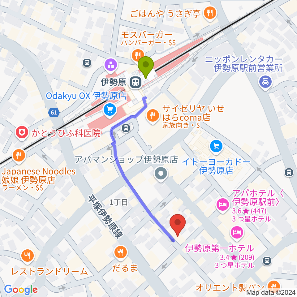 厚木楽器 アミ伊勢原の最寄駅伊勢原駅からの徒歩ルート（約4分）地図