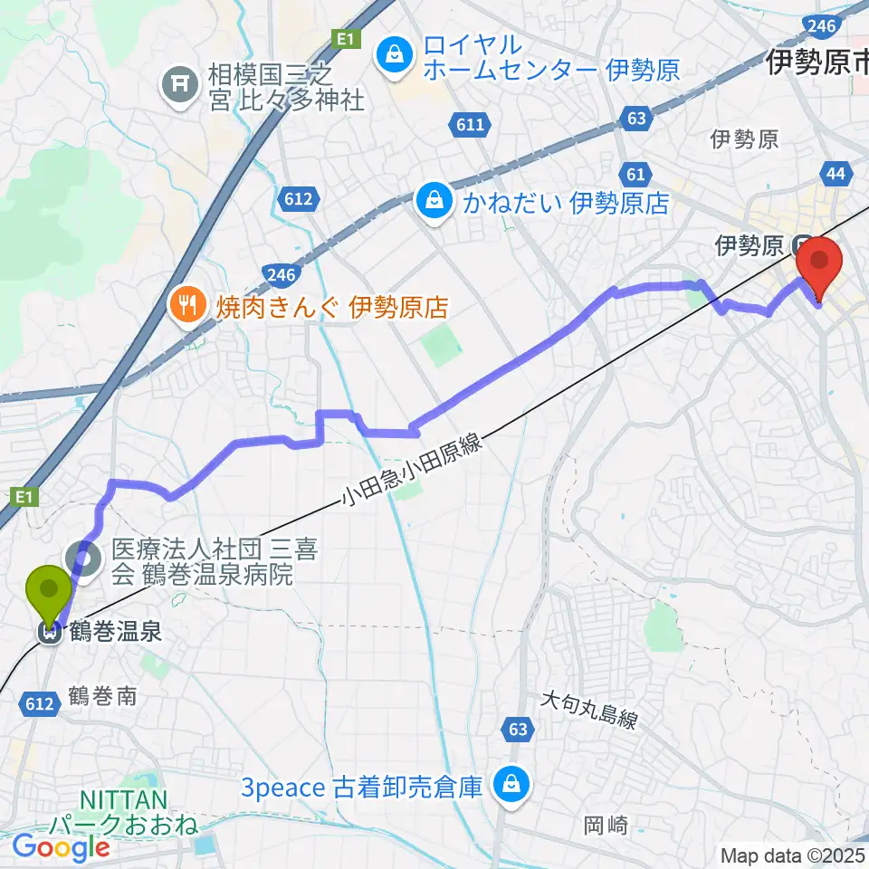 鶴巻温泉駅から厚木楽器 アミ伊勢原へのルートマップ地図