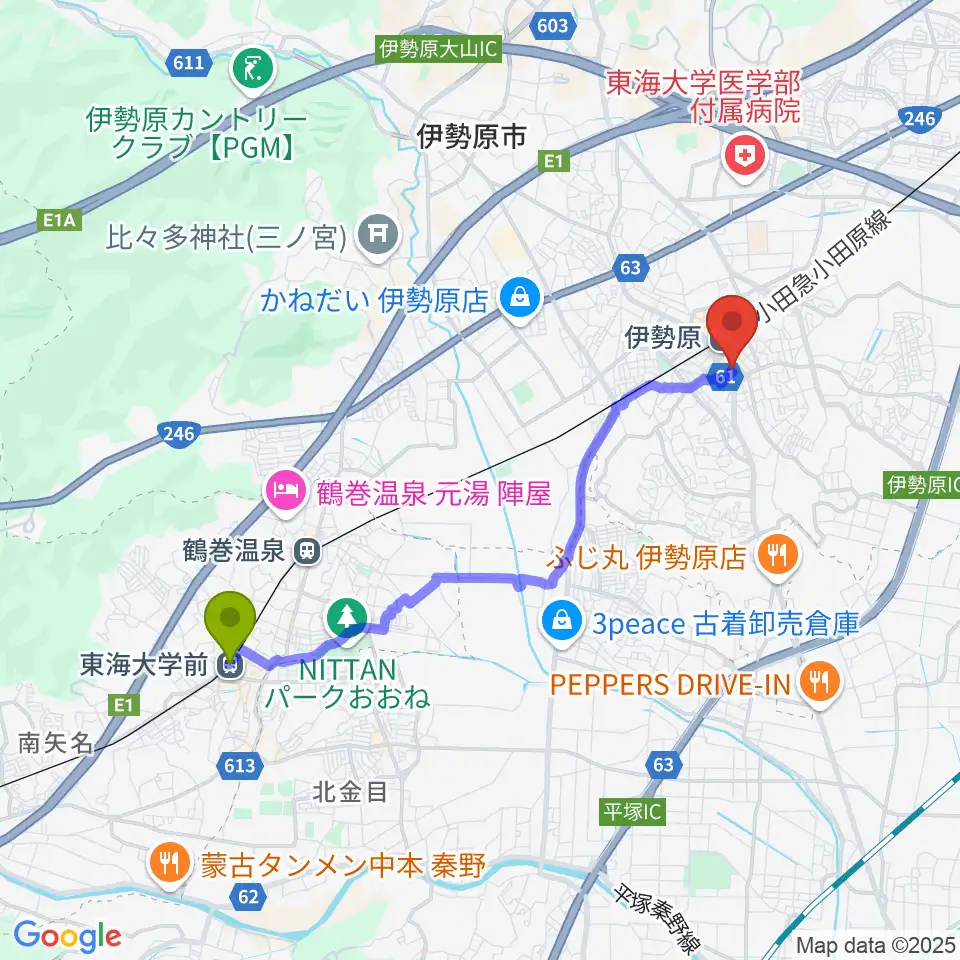 東海大学前駅から厚木楽器 アミ伊勢原へのルートマップ地図
