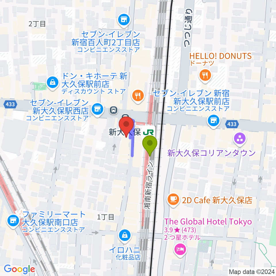 山野楽器ウインドクルーの最寄駅新大久保駅からの徒歩ルート（約1分）地図