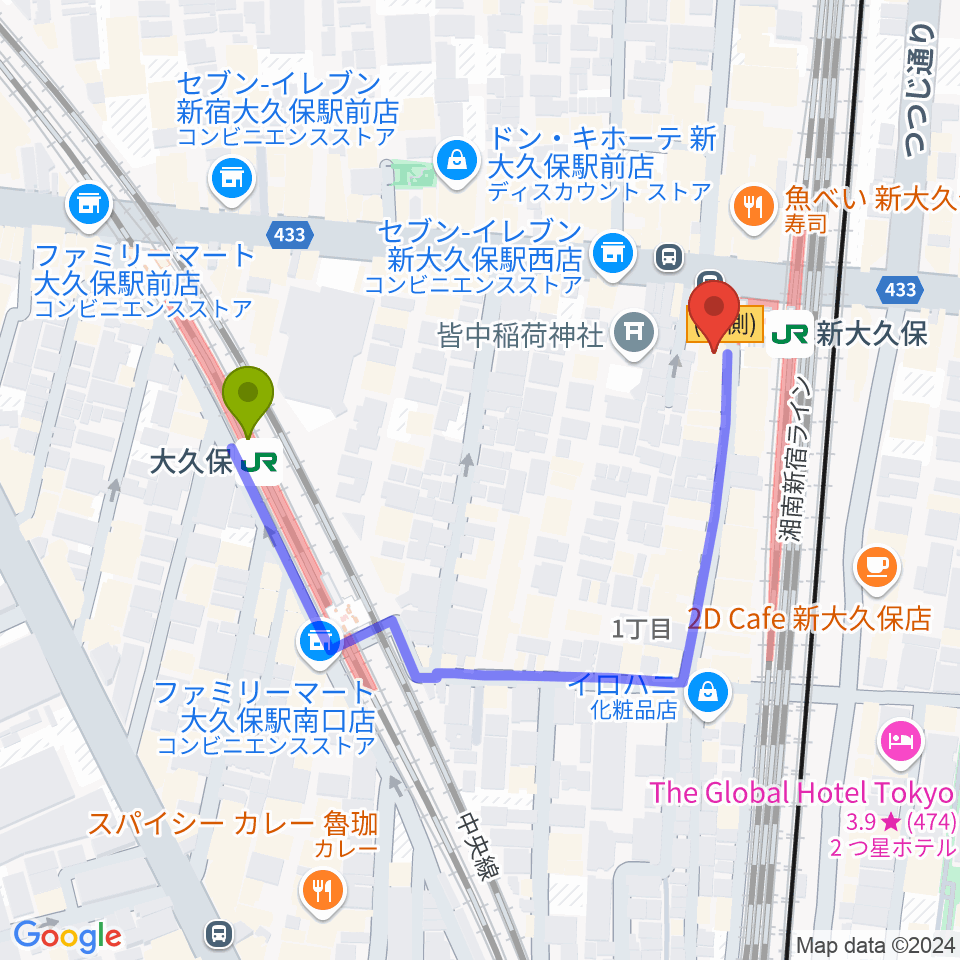 大久保駅から山野楽器ウインドクルーへのルートマップ地図