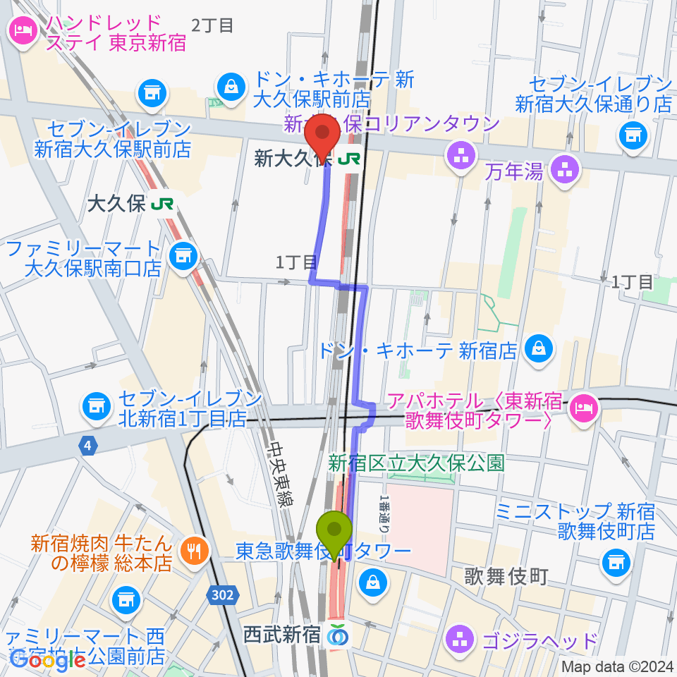 西武新宿駅から山野楽器ウインドクルーへのルートマップ地図