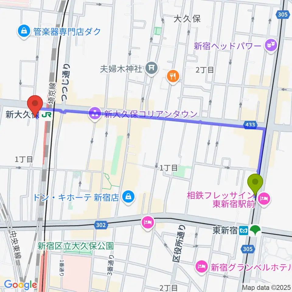東新宿駅から山野楽器ウインドクルーへのルートマップ地図