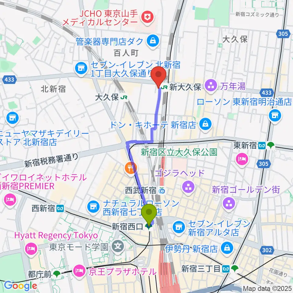新宿西口駅から山野楽器ウインドクルーへのルートマップ地図