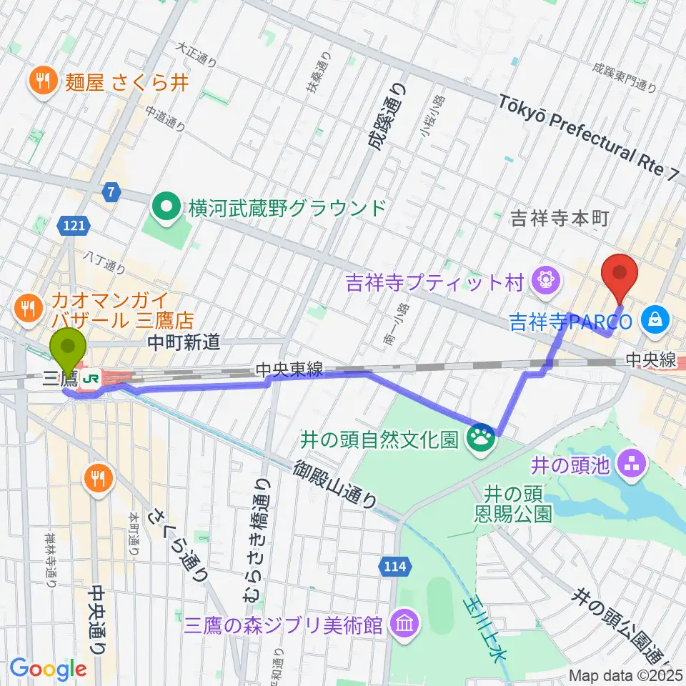 三鷹駅からサウンドクルー吉祥寺へのルートマップ地図