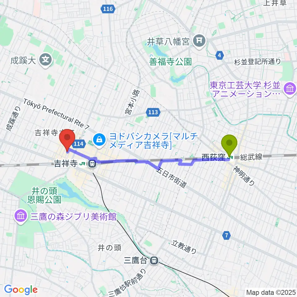 西荻窪駅からサウンドクルー吉祥寺へのルートマップ地図