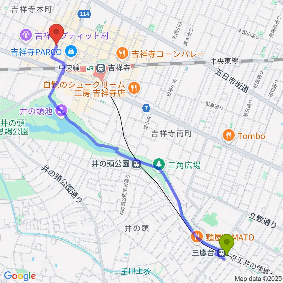 三鷹台駅からサウンドクルー吉祥寺へのルートマップ地図