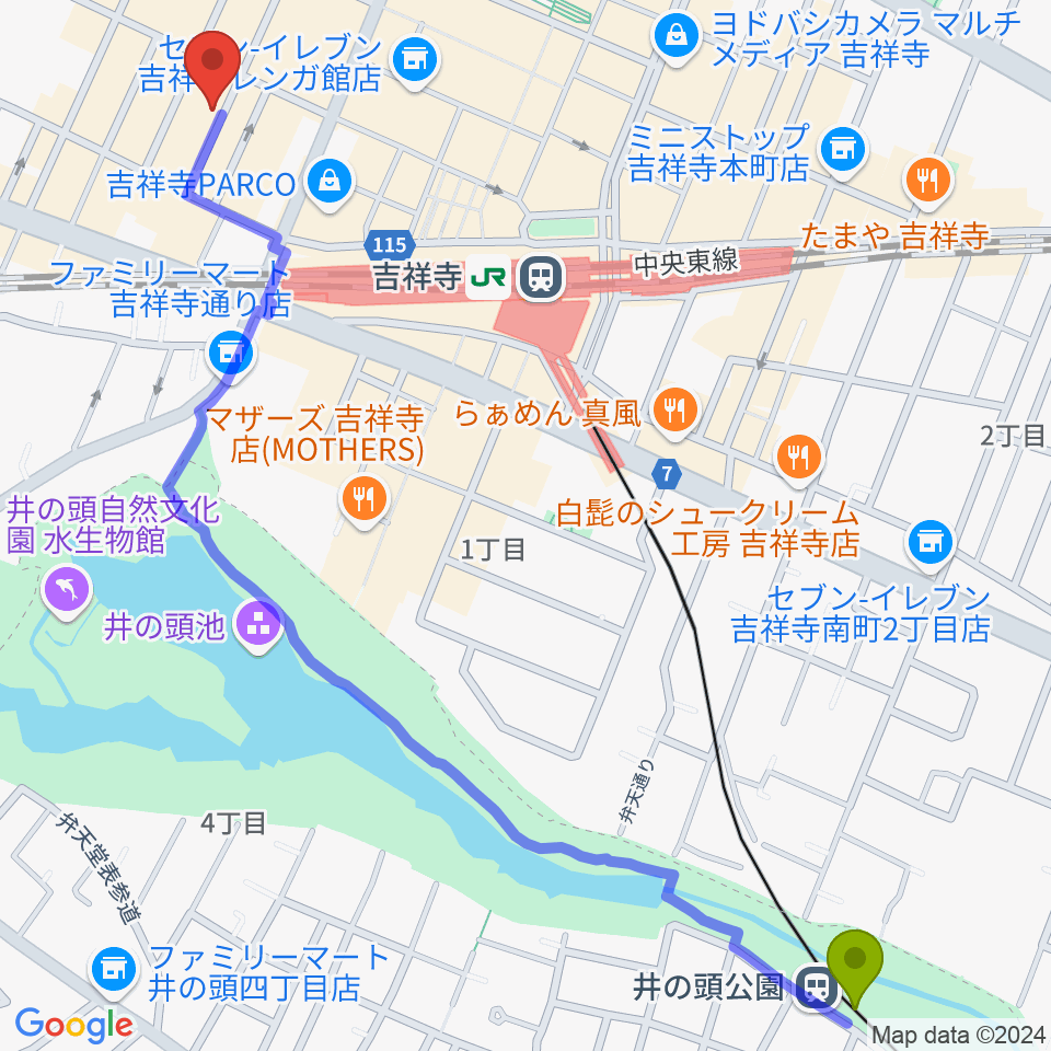 井の頭公園駅からサウンドクルー吉祥寺へのルートマップ地図