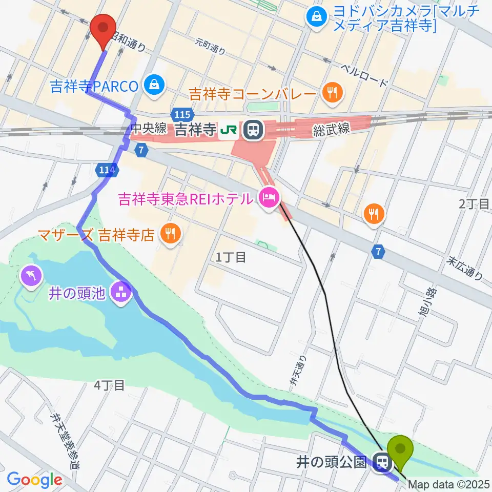 井の頭公園駅からサウンドクルー吉祥寺へのルートマップ地図