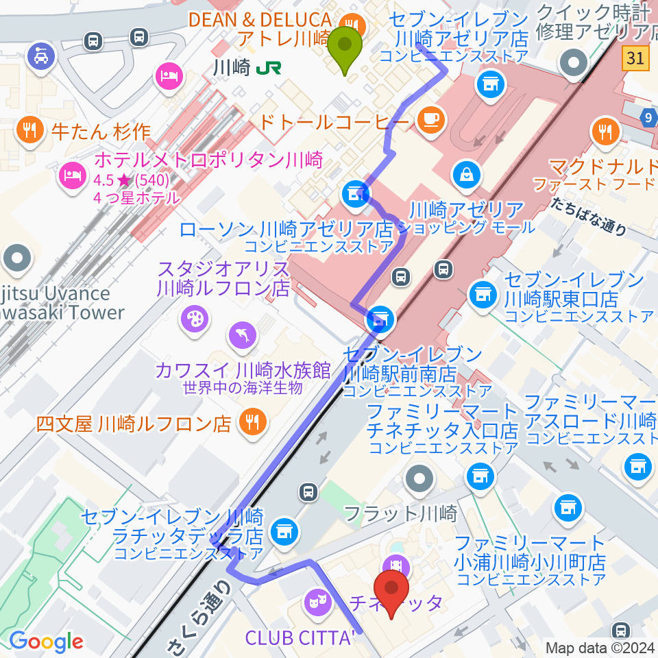 山野楽器ロックイン川崎の最寄駅川崎駅からの徒歩ルート（約6分）地図