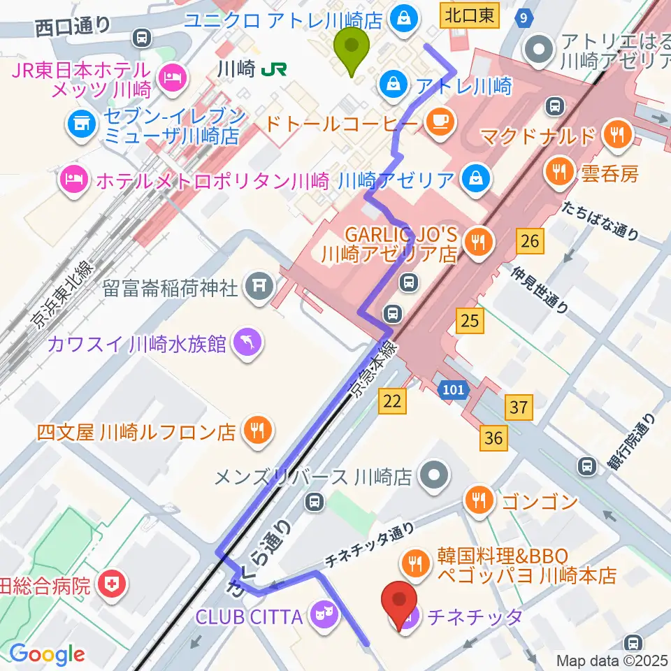 山野楽器ロックイン川崎の最寄駅川崎駅からの徒歩ルート（約6分）地図