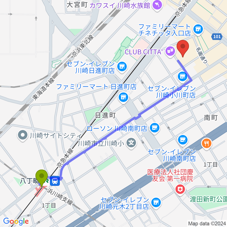 八丁畷駅から山野楽器ロックイン川崎へのルートマップ地図