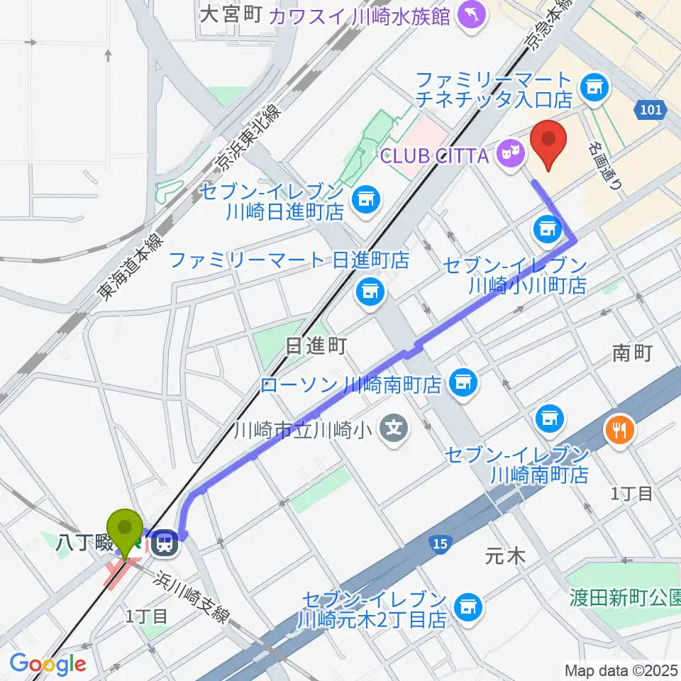八丁畷駅から山野楽器ロックイン川崎へのルートマップ地図
