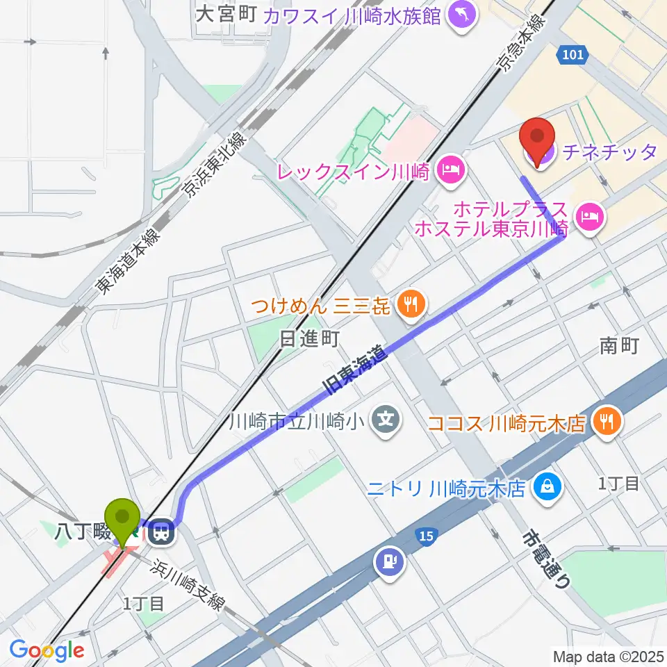 八丁畷駅から山野楽器ロックイン川崎へのルートマップ地図