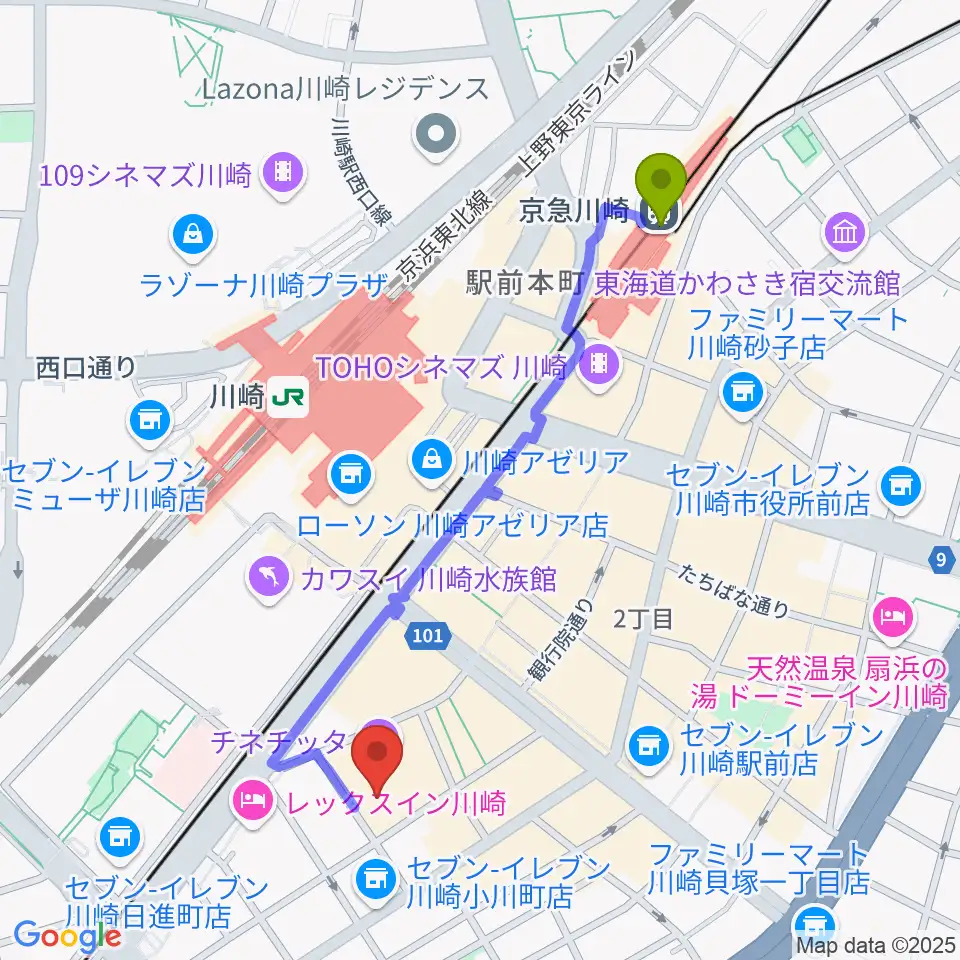 京急川崎駅から山野楽器ロックイン川崎へのルートマップ地図