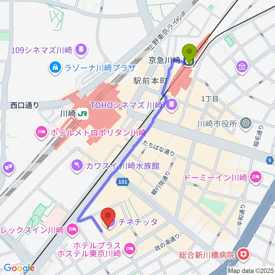 京急川崎駅から山野楽器ロックイン川崎へのルートマップ地図