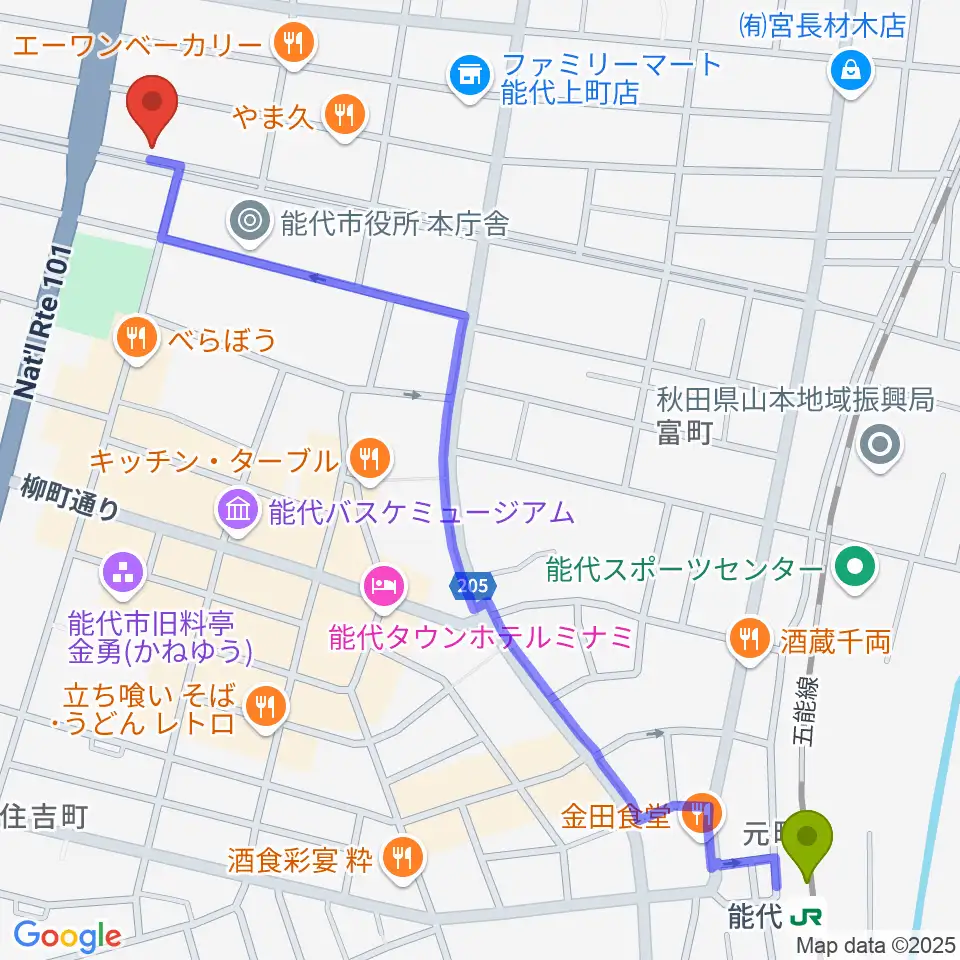 ササキ楽器の最寄駅能代駅からの徒歩ルート（約15分）地図