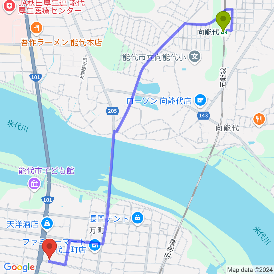 向能代駅からササキ楽器へのルートマップ地図