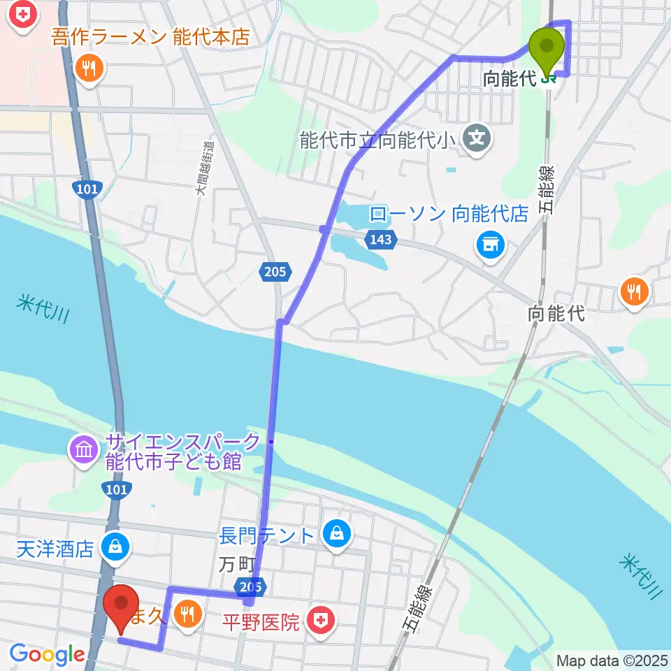 向能代駅からササキ楽器へのルートマップ地図