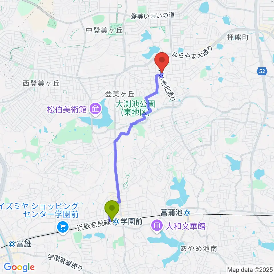 学園前駅からムジカセゾンへのルートマップ地図