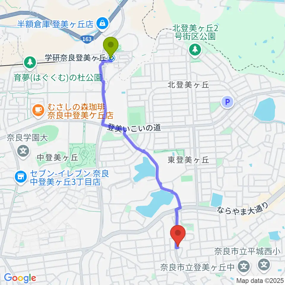 ムジカセゾンの最寄駅学研奈良登美ヶ丘駅からの徒歩ルート（約22分）地図