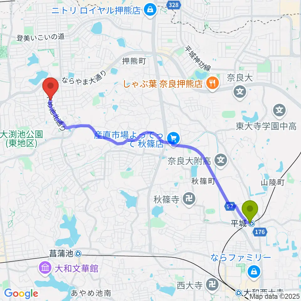 平城駅からムジカセゾンへのルートマップ地図