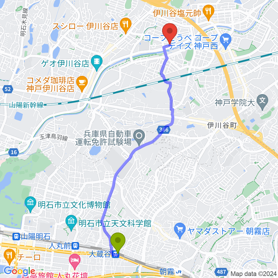 大蔵谷駅から音楽広場Sound-Scapeへのルートマップ地図
