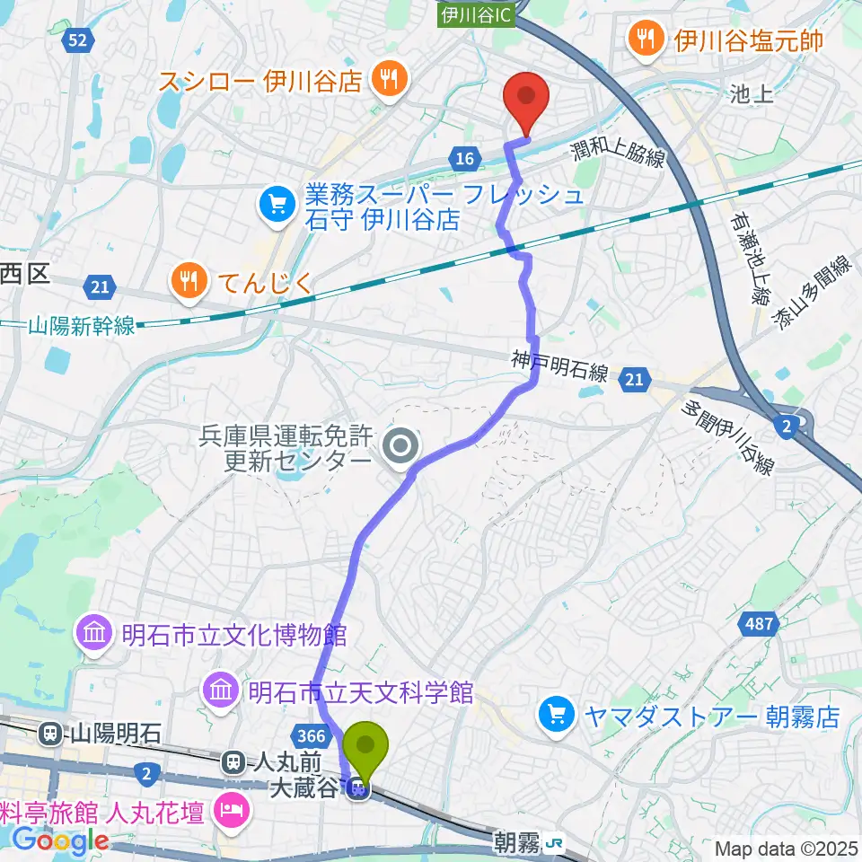大蔵谷駅から音楽広場Sound-Scapeへのルートマップ地図
