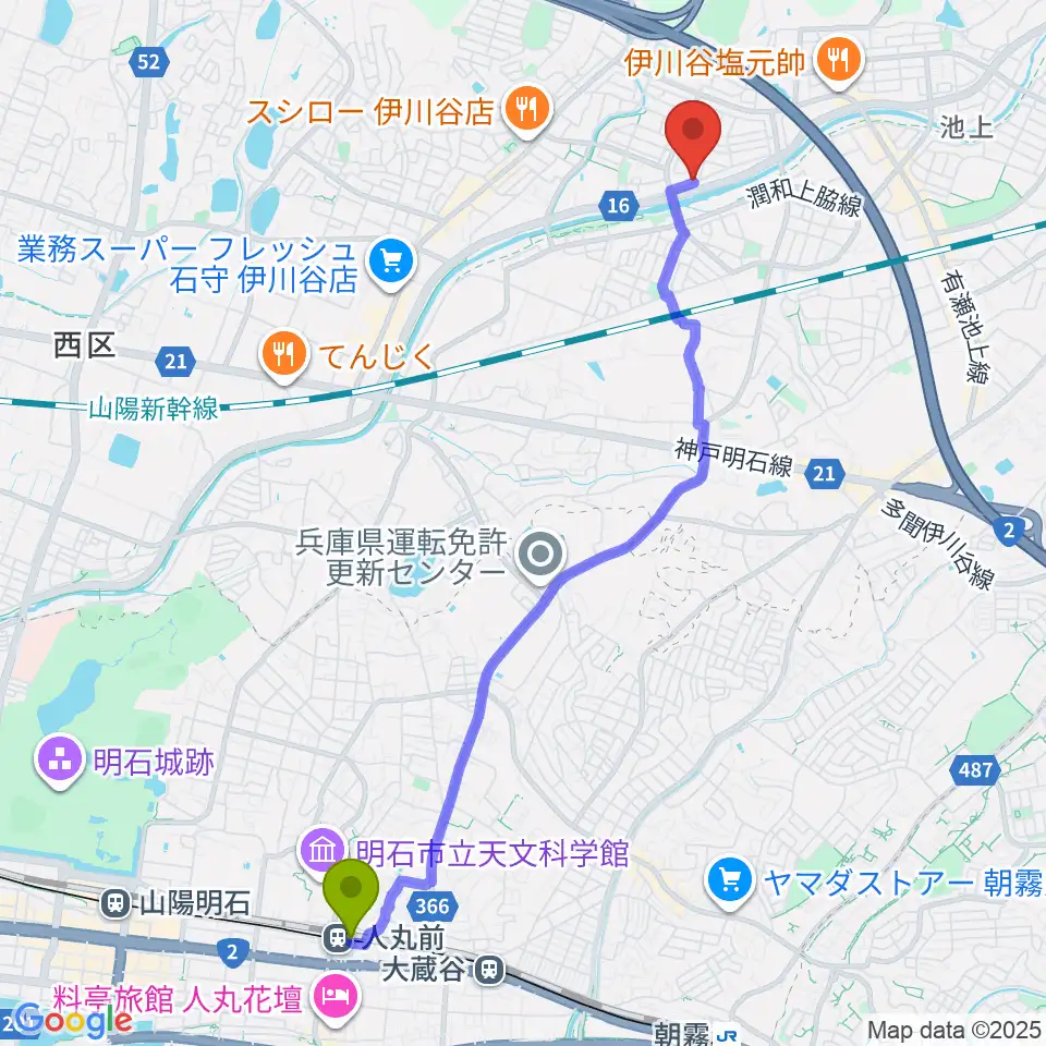 人丸前駅から音楽広場Sound-Scapeへのルートマップ地図