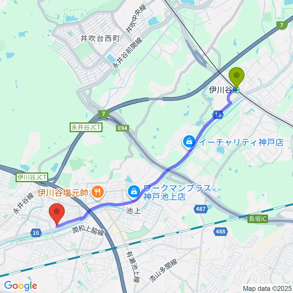 音楽広場Sound-Scapeの最寄駅伊川谷駅からの徒歩ルート（約48分）地図