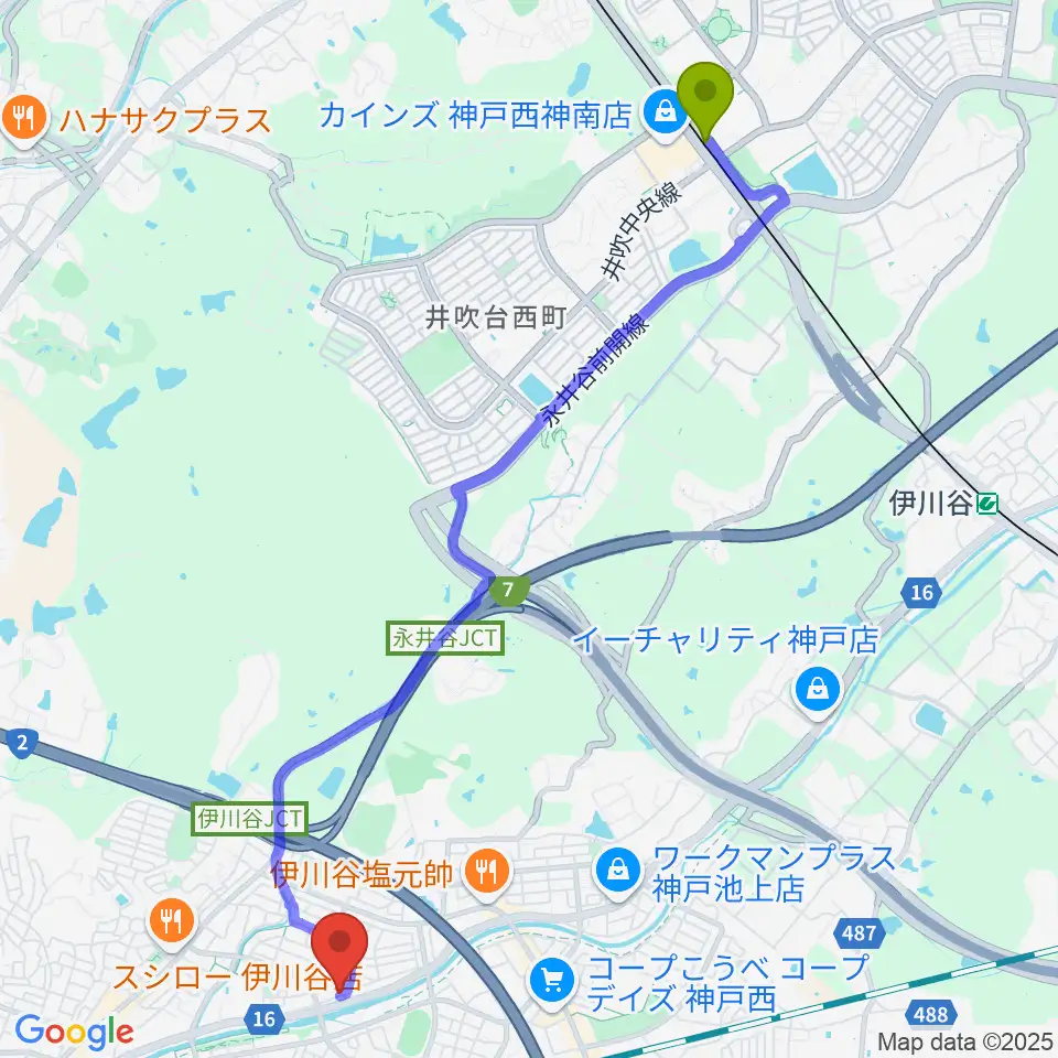 西神南駅から音楽広場Sound-Scapeへのルートマップ地図