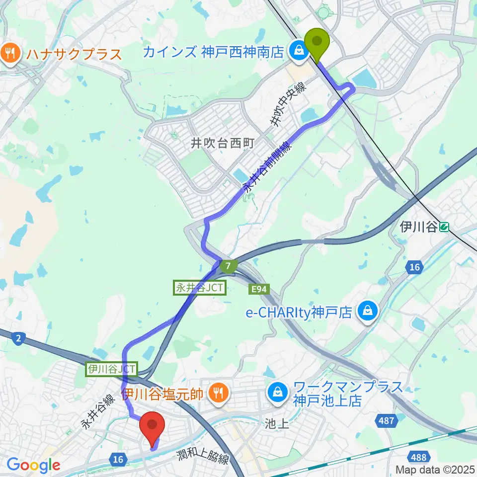 西神南駅から音楽広場Sound-Scapeへのルートマップ地図