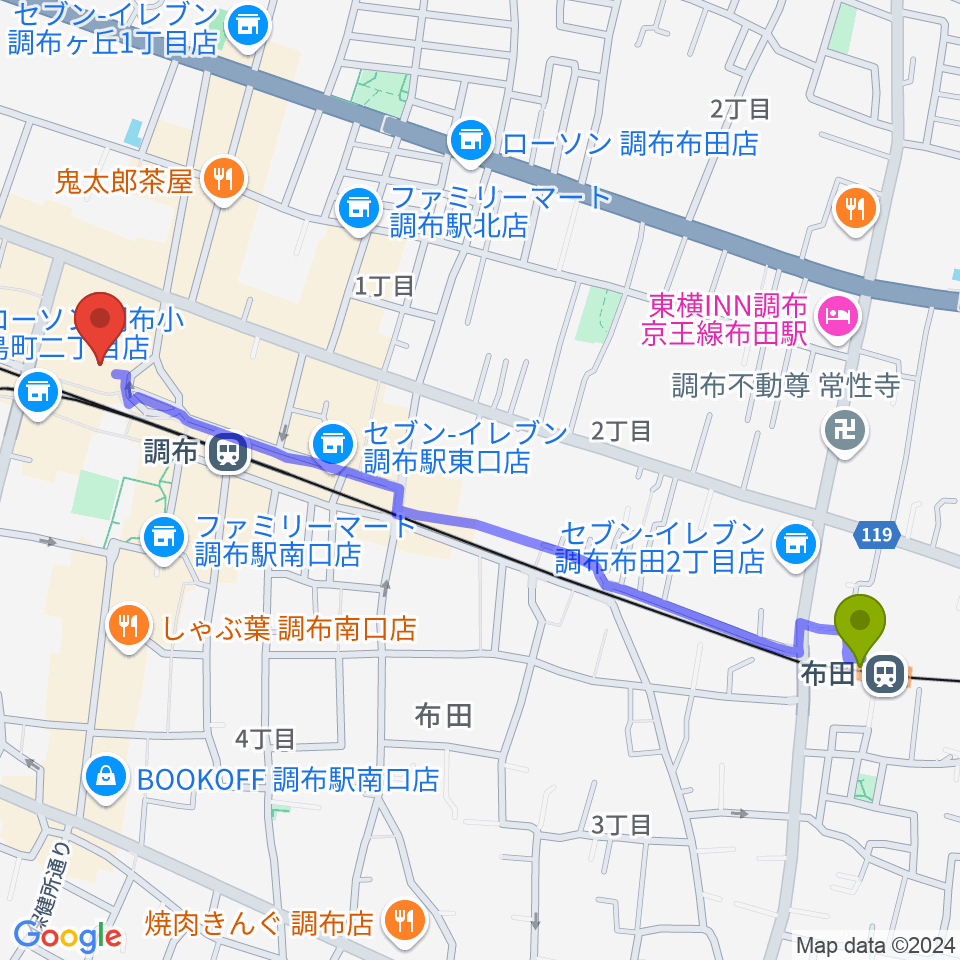 布田駅から山野楽器 調布パルコ店へのルートマップ地図