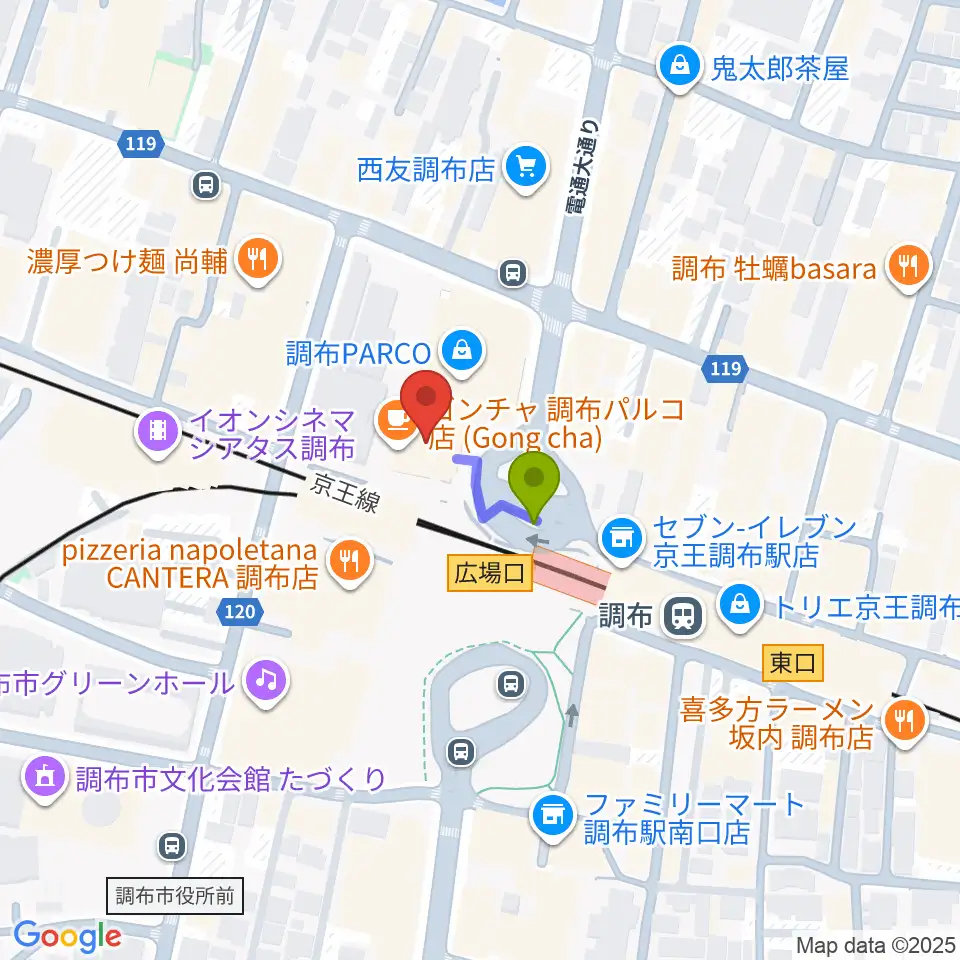 山野楽器 調布パルコ店の最寄駅調布駅からの徒歩ルート（約1分）地図