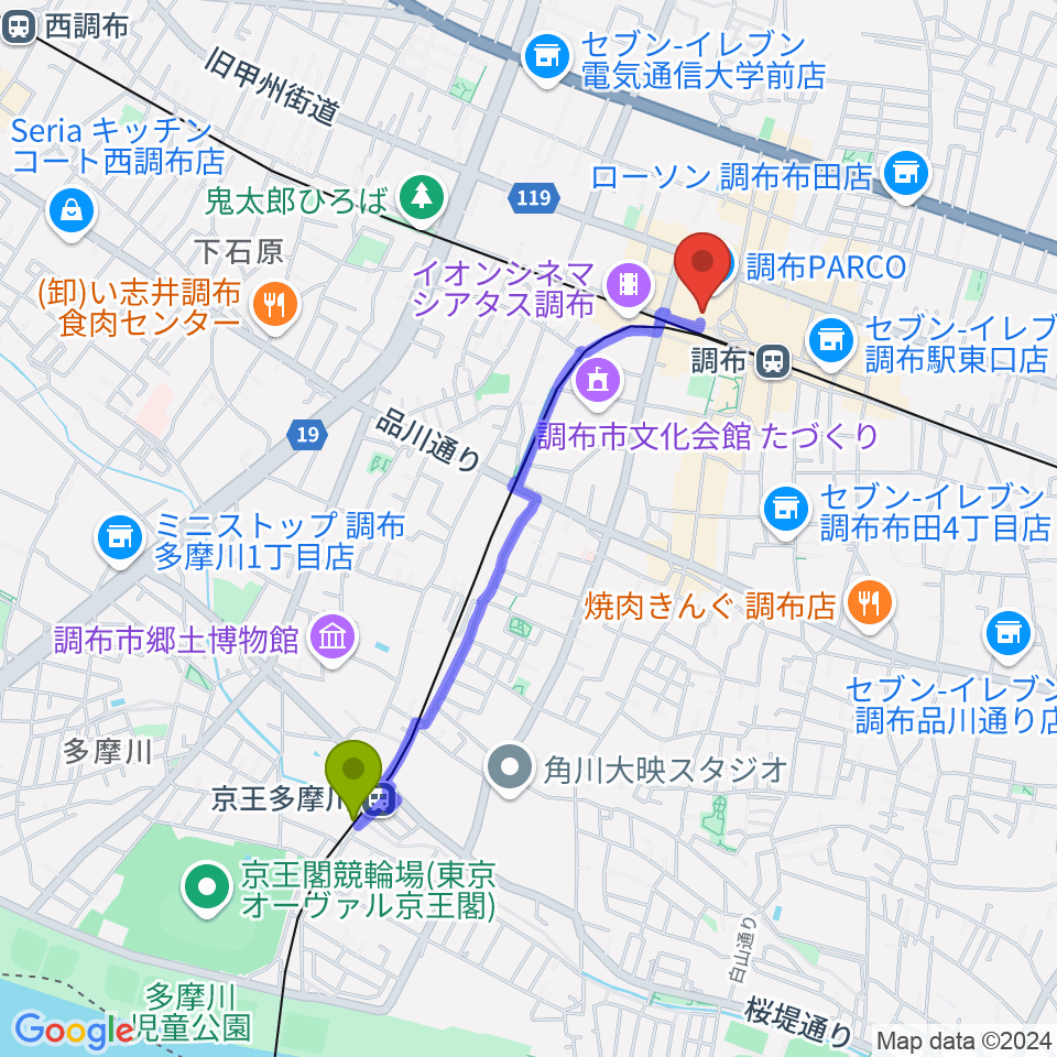 京王多摩川駅から山野楽器 調布パルコ店へのルートマップ地図