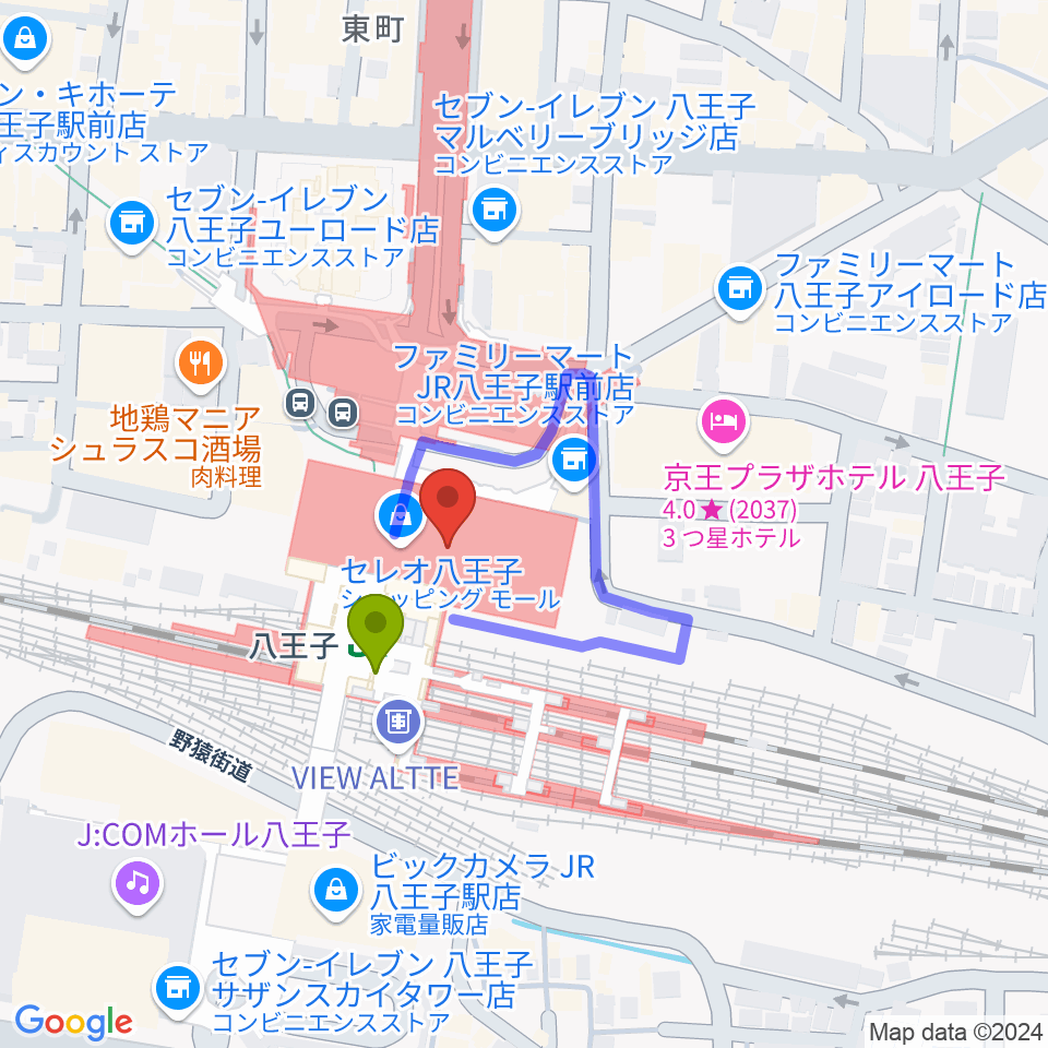 山野楽器 セレオ八王子店の最寄駅八王子駅からの徒歩ルート（約1分）地図