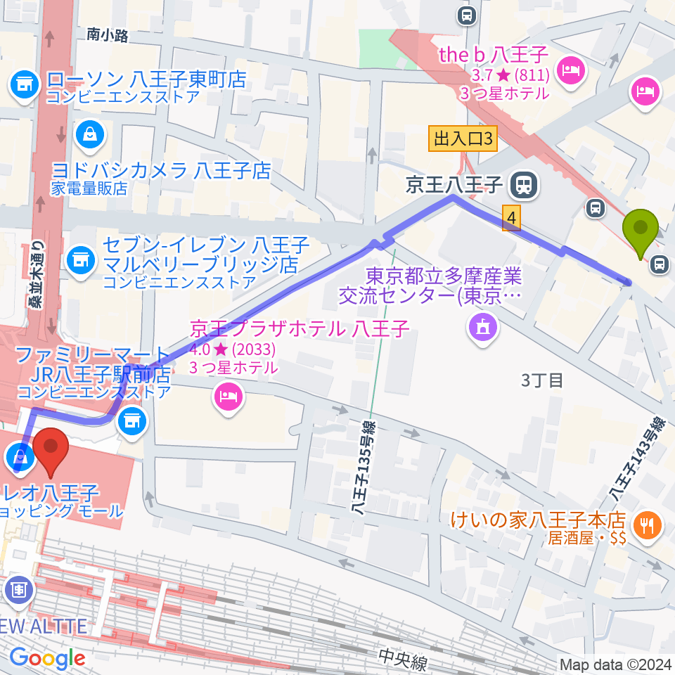 京王八王子駅から山野楽器 セレオ八王子店へのルートマップ地図