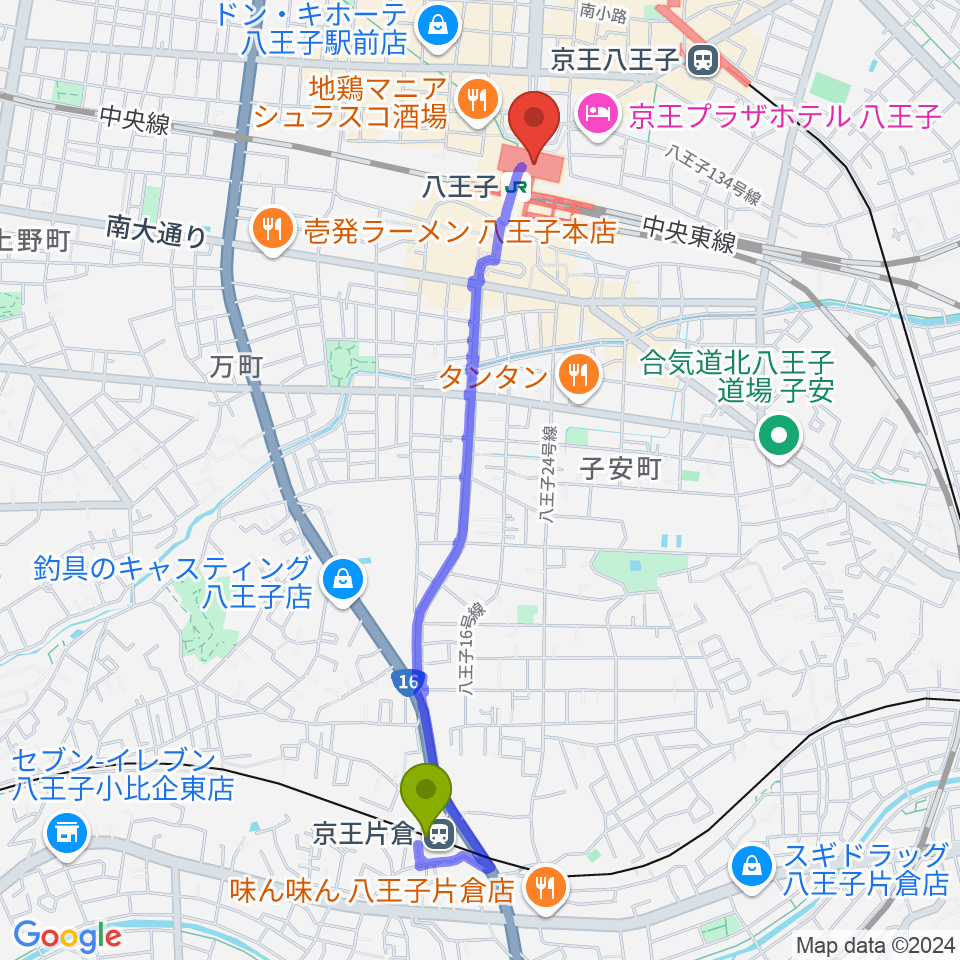 京王片倉駅から山野楽器 セレオ八王子店へのルートマップ地図